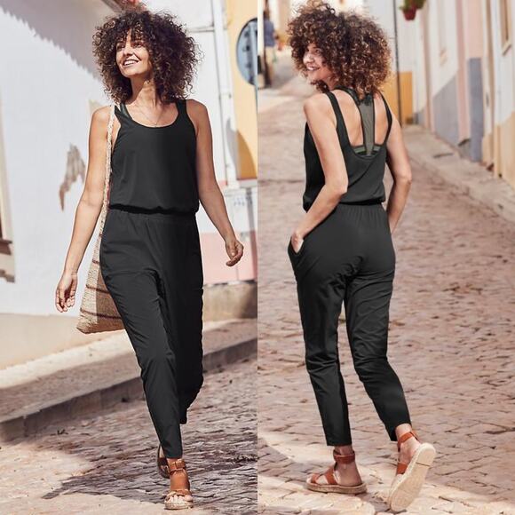 Athleta Roaming Black Sleeveless Smocked Scoop Back Slim Straight Leg Jumpsuit 6 - Picture 14 of 14